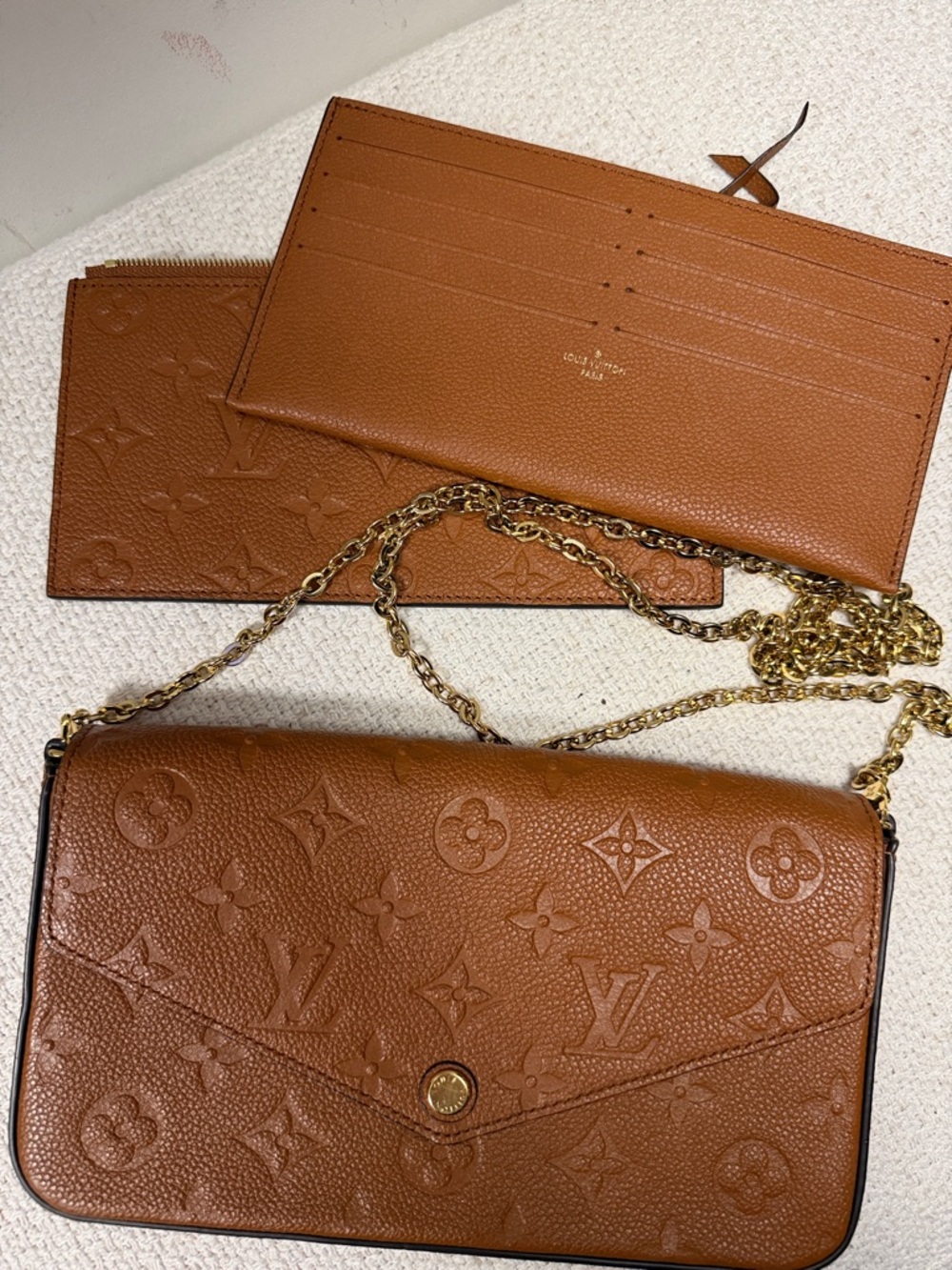 Louis Vuitton Brown Monogram Embossed Leather Crossbody Wallet with Gold Chain